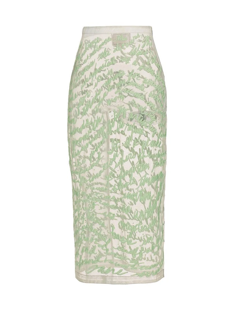 Cheever Cursive Embroidered Sheer Midi-Skirt