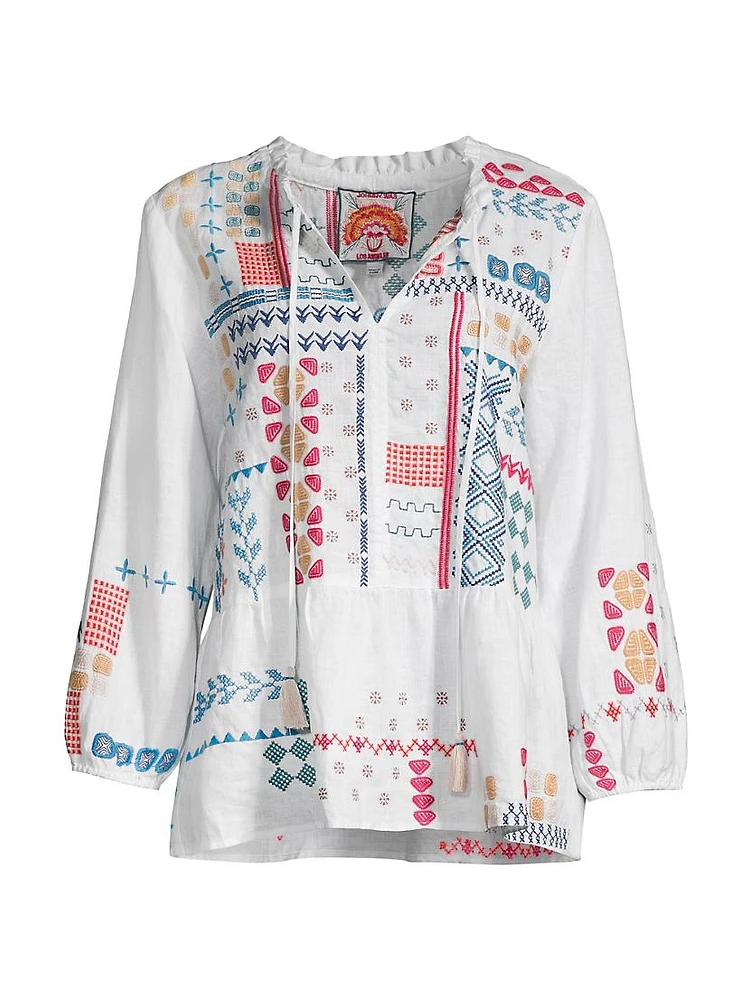 Katie Geometric Embroidered Peplum Peasant Top