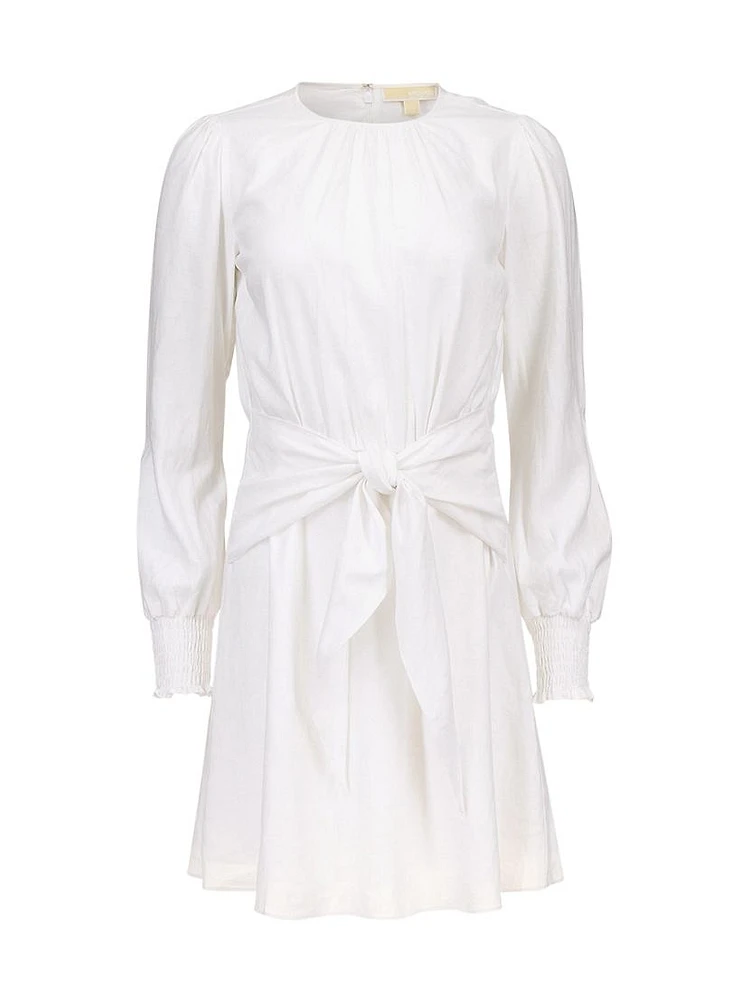 Long-Sleeve Linen Tie-Front Minidress