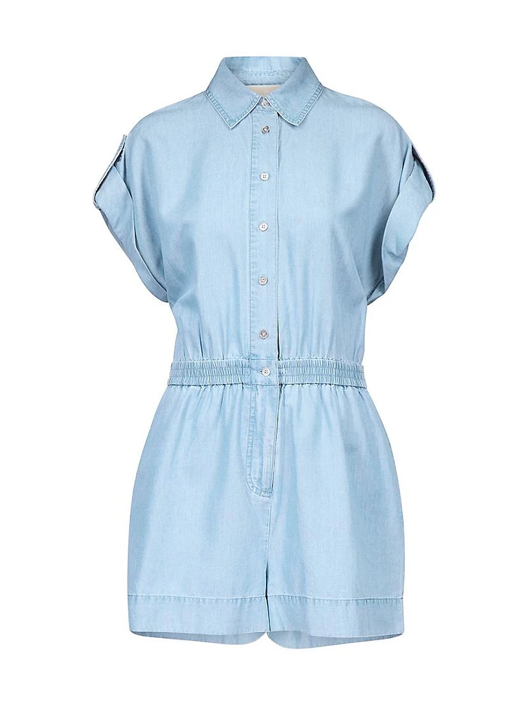 Short-Sleeve Chambray Button-Front Romper