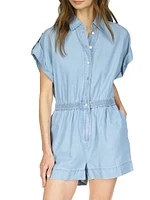 Short-Sleeve Chambray Button-Front Romper