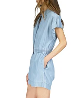 Short-Sleeve Chambray Button-Front Romper