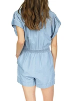 Short-Sleeve Chambray Button-Front Romper