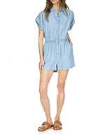 Short-Sleeve Chambray Button-Front Romper