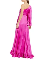 Satin Ruffled Asymmetric One-Sleeve Gown