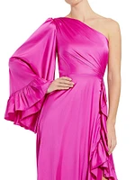 Satin Ruffled Asymmetric One-Sleeve Gown