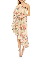 Floral One-Shoulder Cape Dress