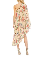 Floral One-Shoulder Cape Dress