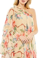 Floral One-Shoulder Cape Dress