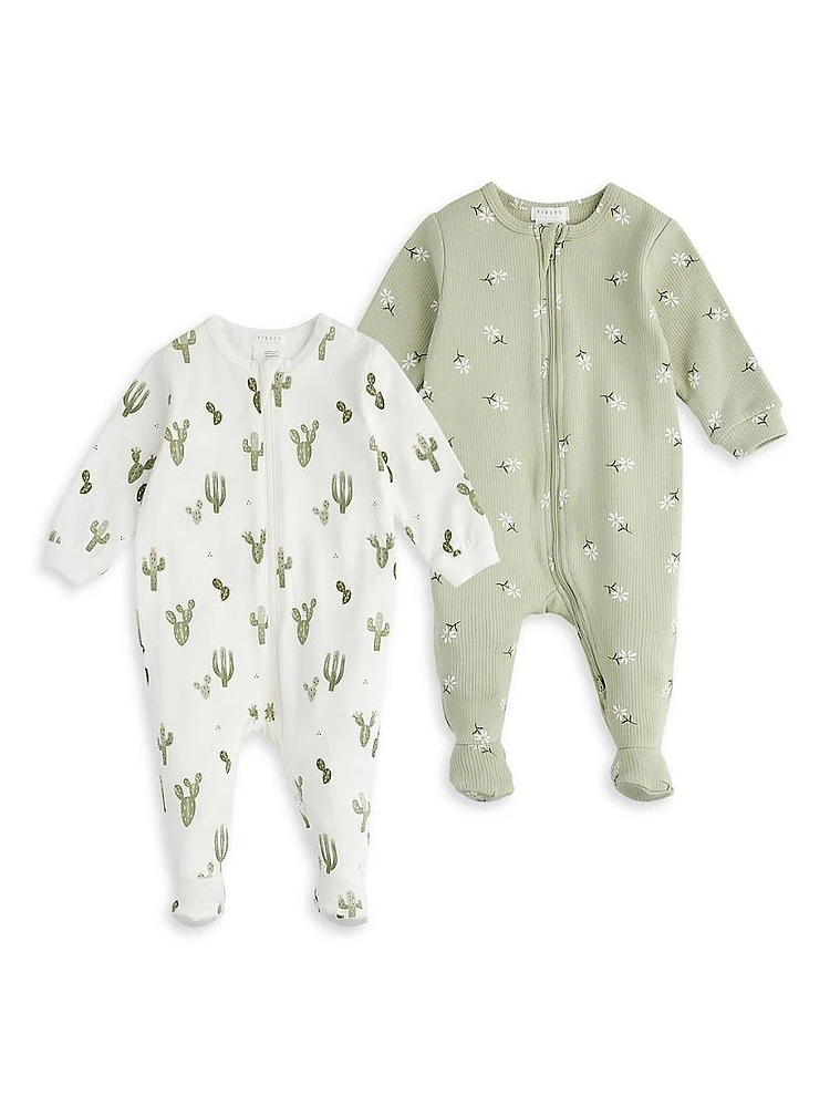 Baby Boy's 2-Pack Cactus Print & Daisy Ribbed Footie Set