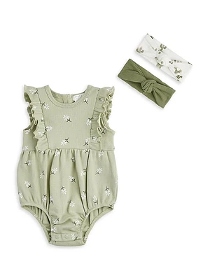 Baby Girl's 3-Piece Ruffle-Trim Ribbed Bodysuit & Headbands Set