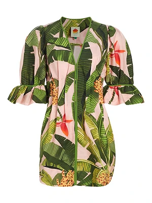 Banana Leaves Puff-Sleeve Minidress