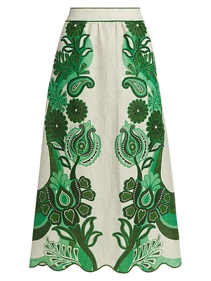 Geometric Floral Linen Midi-Skirt