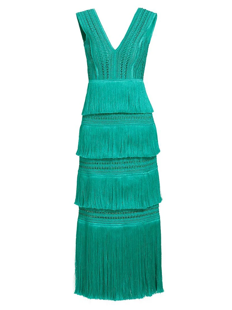 Plunging Fringe Midi-Dress