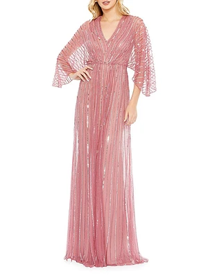 Wide-Sleeve Sequin Beaded Gown