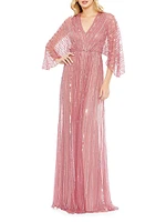 Wide-Sleeve Sequin Beaded Gown