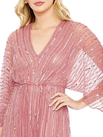 Wide-Sleeve Sequin Beaded Gown