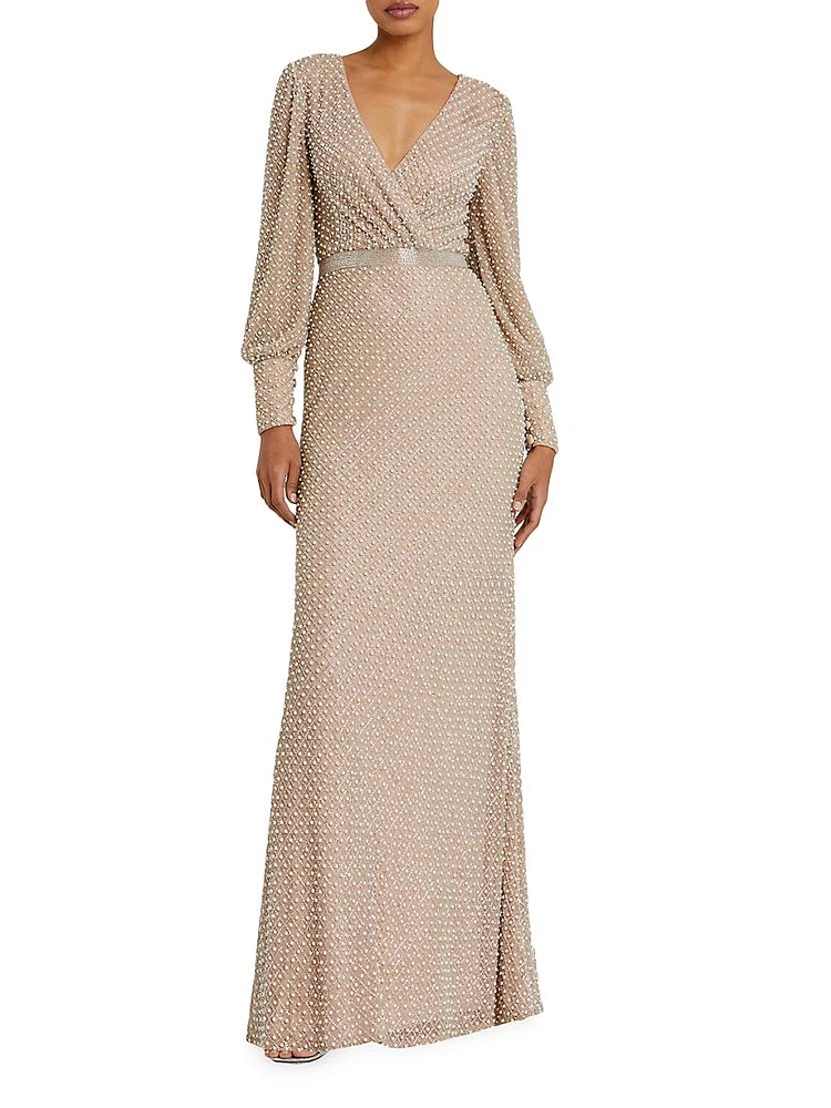 Pearl-Embellished Long-Sleeve Gown