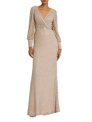 Pearl-Embellished Long-Sleeve Gown