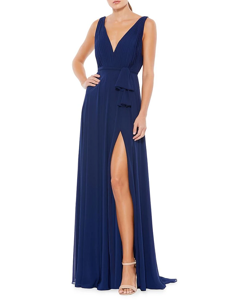 Pleated V-Neck Draped Tie Gown