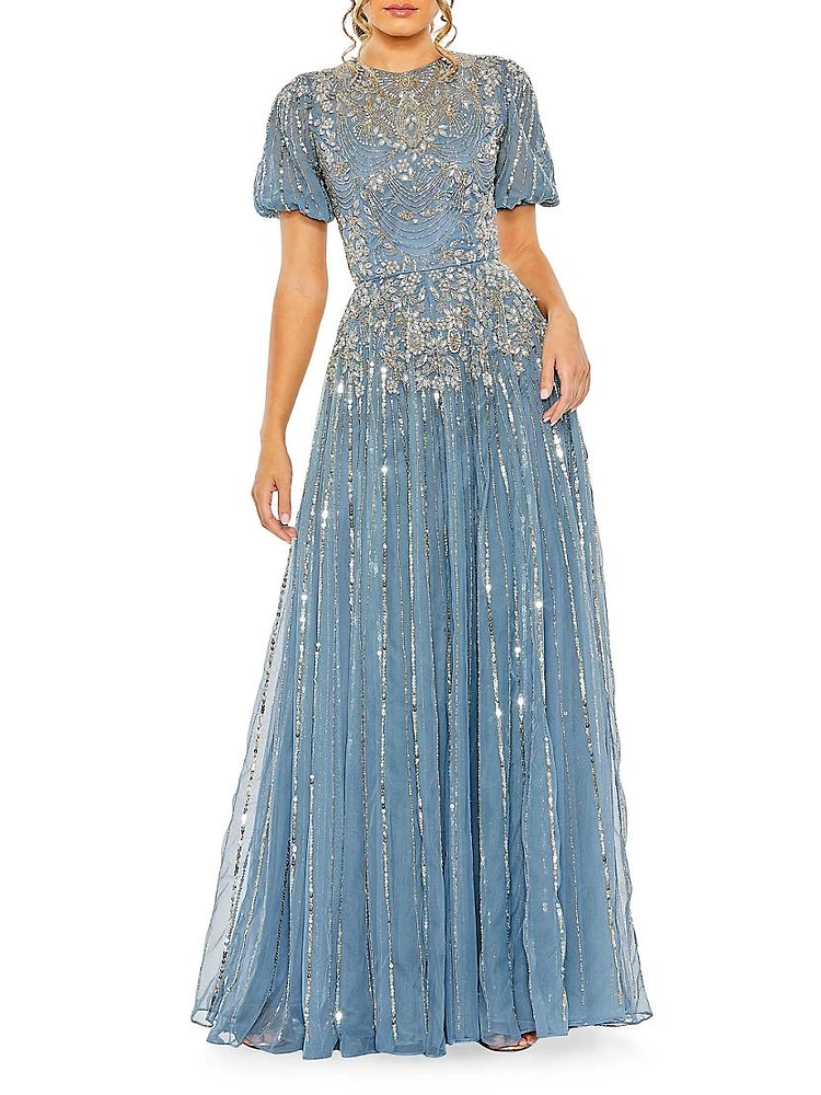 Embellished Puff-Sleeve A-Line Gown