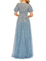 Embellished Puff-Sleeve A-Line Gown