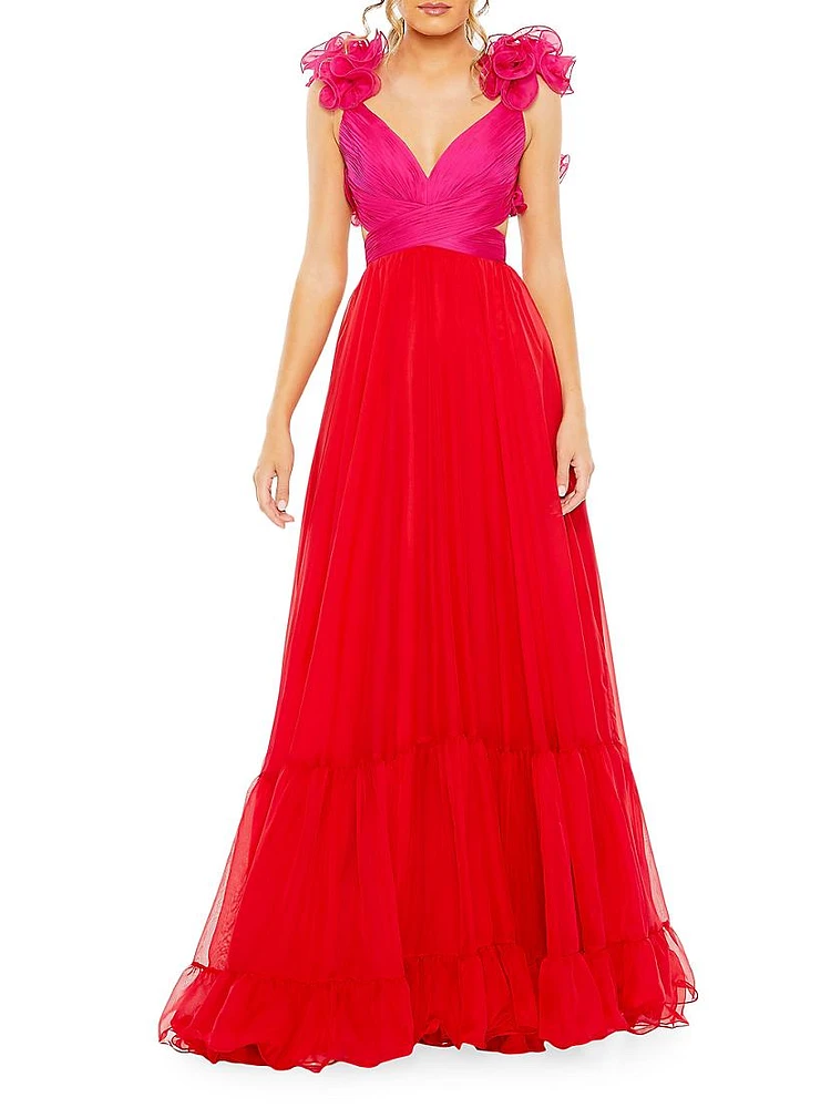 Ruffled Chiffon Lace-Up Gown