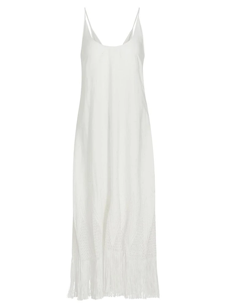 Embroidered Fringe-Trimmed Midi-Dress