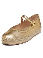 Metallic Leather Ribbon-Buckle Ballerina Flats