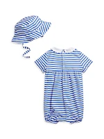 Baby Boy's Striped Poplin Shortall & Hat Set