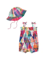 Baby Girl's Patchwork Madras Bubble Romper & Bucket Hat Set