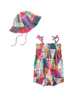 Baby Girl's Patchwork Madras Bubble Romper & Bucket Hat Set