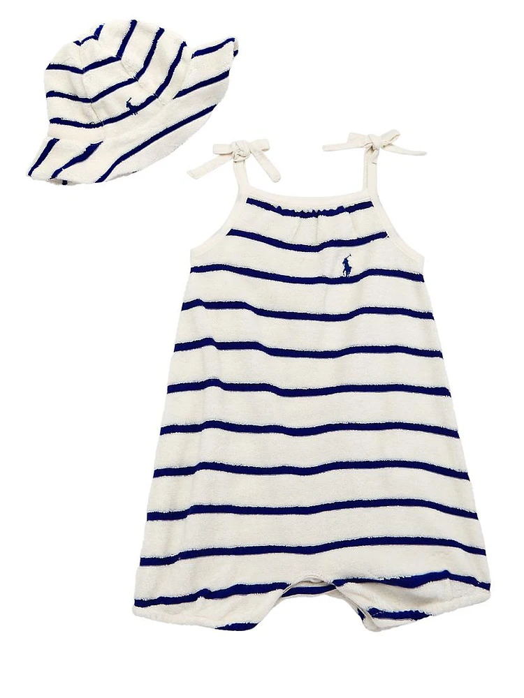 Baby Girl's Striped Terry Cloth Shortalls & Bucket Hat Set