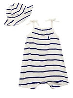 Baby Girl's Striped Terry Cloth Shortalls & Bucket Hat Set