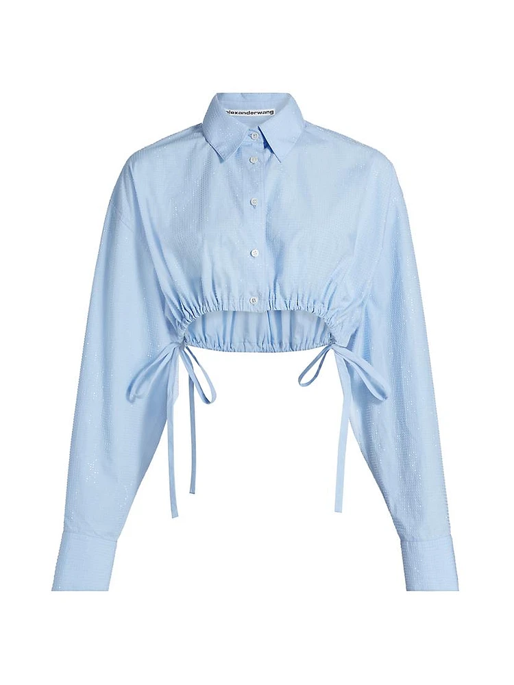 Hotfix Crystal Drawstring Cropped Shirt