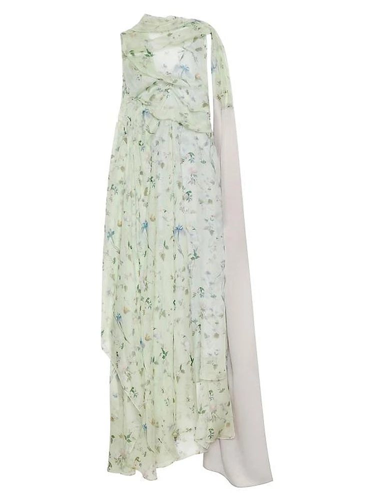 Printed Draped Dress in Silk Chiffon with Lavalliere