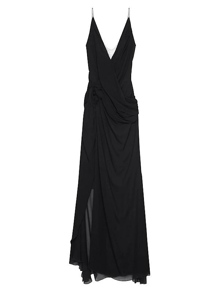 Evening Draped Dress in Silk with Pearl Chains