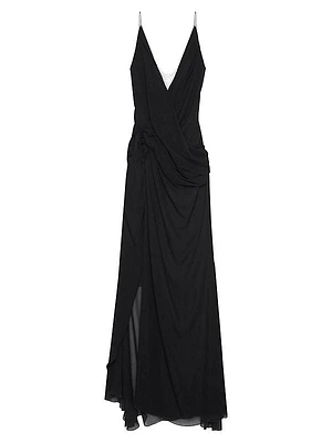 Evening Draped Dress in Silk with Pearl Chains