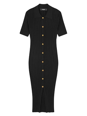 Button-Front Rib-Knit Dress