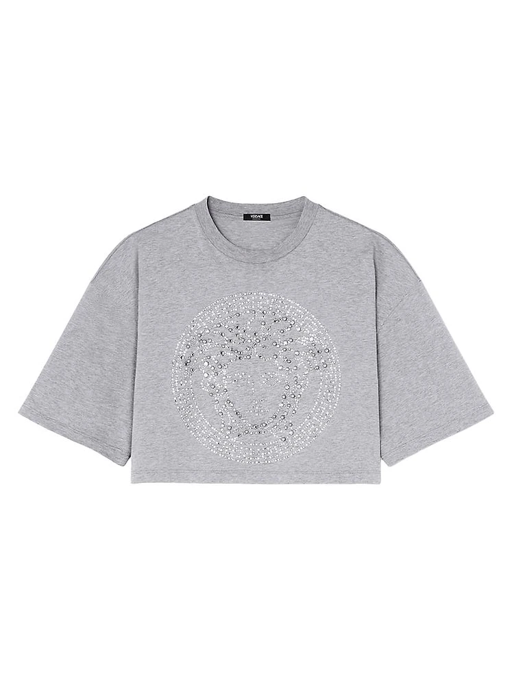 Rhinestone Medusa Logo Cropped T-Shirt