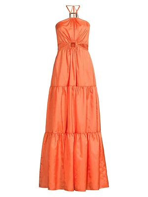 Taffeta Cut-Out Tiered Halter Gown