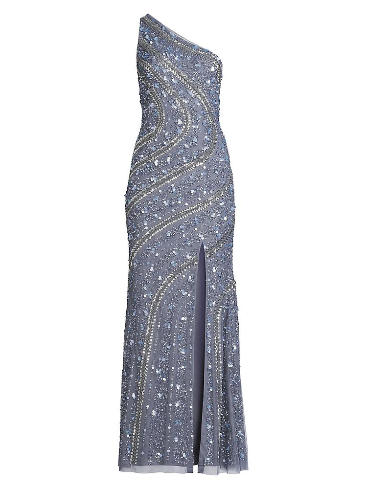 Beaded Sequin One-Shoulder Gown