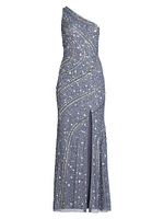 Beaded Sequin One-Shoulder Gown