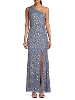 Beaded Sequin One-Shoulder Gown