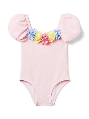 Little Girl's & Girl's Rosette Puff-Sleeve One-Piece Swimsuit