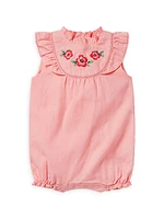 Baby Girl's Linen-Cotton Embroidered Floral Romper