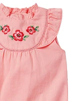 Baby Girl's Linen-Cotton Embroidered Floral Romper