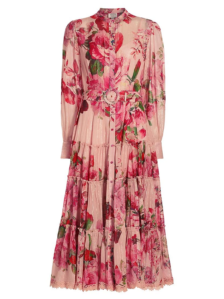 Floral Metallic Belted Maxi Dress