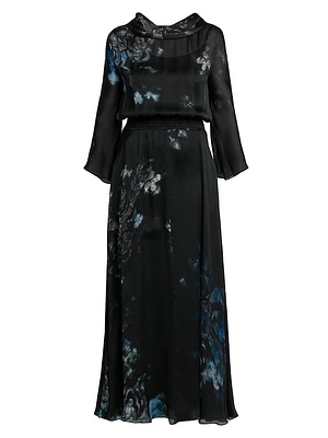 Floral Silk Long-Sleeve Maxi Dress