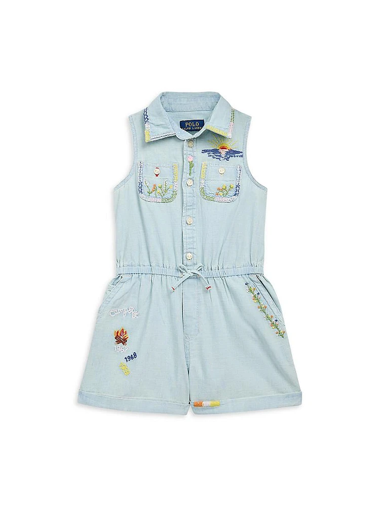 Little Girl's & Chambray Embroidered Sleeveless Romper